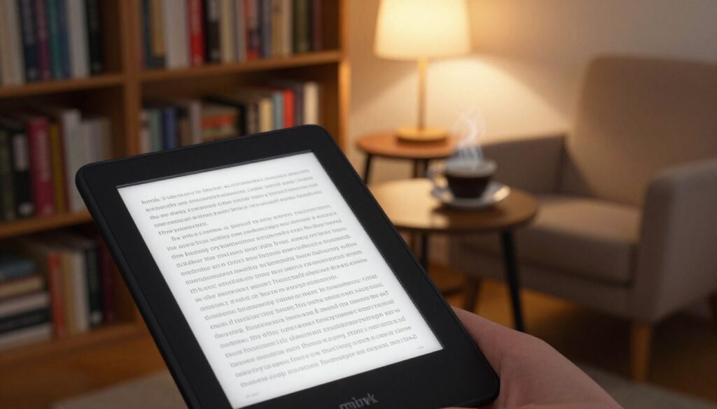 A Kindle Paperwhite e-reader prominently displayed in the foreground, featuring a sleek, modern design with a high-resolution E-Ink screen. The device is open to an engaging book page, showcasing crisp text and a soft glow emanating from the screen, emphasizing its reading capabilities. In the middle ground, a cozy reading nook with a plush armchair, a small wooden table with a steaming cup of coffee, and a soft, warm lamp casting gentle light. The background features a well-organized bookshelf filled with various books, creating an inviting atmosphere. The composition is shot from a slightly elevated angle to give perspective, conveying a tranquil and inspiring mood perfect for reading. Ambient lighting enhances the peaceful ambiance of the scene.