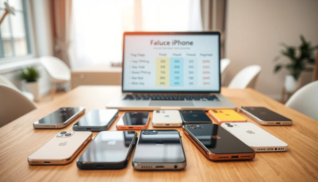 A clean and organized display of refurbished iPhones, elegantly arranged on a modern wooden table. The foreground features several polished iPhones in various colors and models, each showcasing their pristine condition. In the middle ground, an open laptop presents a price comparison chart and discount icons, with a slight blur enhancing focus on the phones. The background features a bright, airy environment, with soft natural light streaming through a window, creating an inviting atmosphere. The scene conveys a sense of trust and value, emphasizing affordability and quality, perfect for a refurbished electronics context. The overall mood is professional and engaging, ideal for a consumer-focused setting.