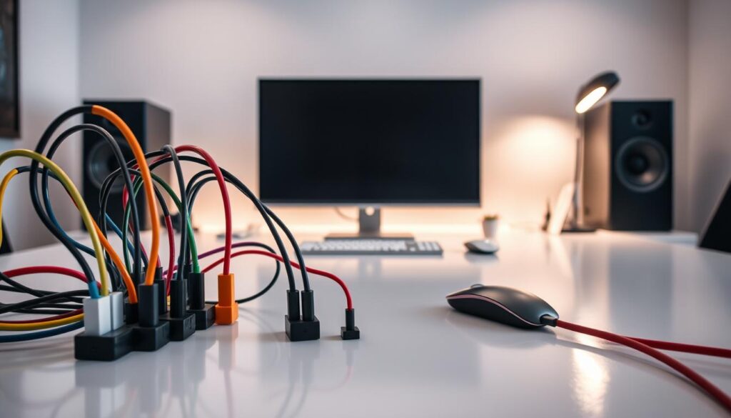 A clean and organized workspace showcasing effective cable management tools on a sleek, modern desk. In the foreground, neatly arranged wire organizers and cable clips hold various colorful cables in place, creating a visually appealing and tidy arrangement. The middle ground features a stylish desktop with a minimalistic monitor, keyboard, and mouse setup. In the background, soft ambient lighting illuminates the entire scene, casting gentle reflections on the polished desk surface. The mood is professional and calming, emphasizing efficiency and order. A wide-angle view captures the entire workspace, showcasing the harmonious integration of technology and organization, reflecting a sense of productivity and focus.