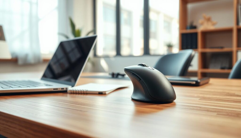 A close-up of a stylish vertical mouse prominently displayed on a sleek wooden desk, surrounded by an organized workspace with a modern laptop, ergonomic keyboard, and a notepad. The foreground features the vertical mouse positioned attractively, highlighting its ergonomic shape and textured grip. In the middle ground, soft natural lighting filters through a nearby window, casting gentle shadows and creating a warm atmosphere. The background displays a minimalistic, modern office environment with a potted plant and a blurred bookshelf, implying a professional setting. The overall mood is focused and calm, emphasizing productivity and wellness. The angle of the shot is slightly tilted, showcasing the mouse’s unique design while inviting viewers to consider its ergonomic benefits.