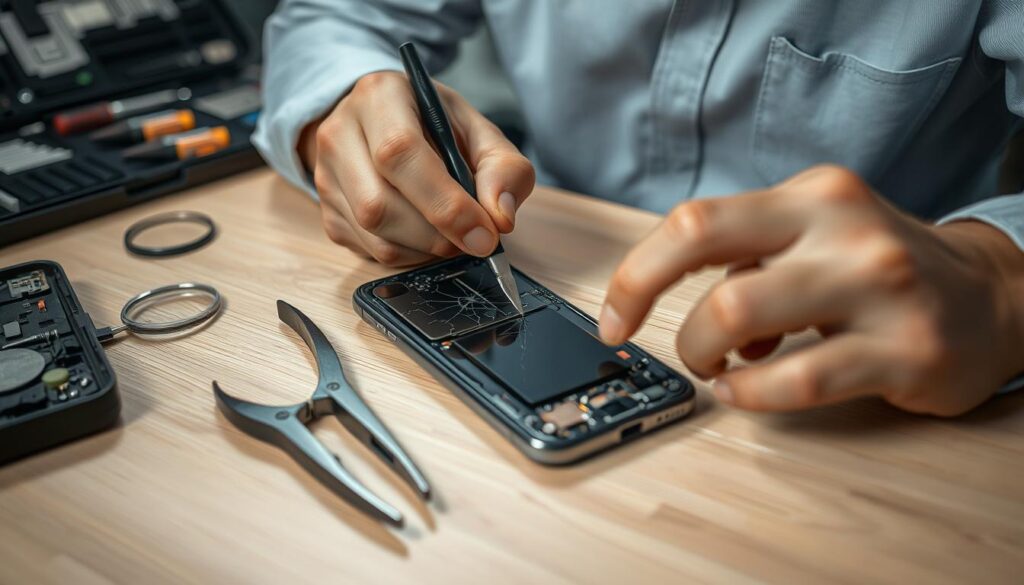 A close-up shot of a technician's hands carefully repairing a smartphone screen using specialized tools. In the foreground, a pair of precision pliers and a suction cup tool lay beside the disassembled phone, showcasing intricate components like a cracked display and motherboards. The technician, dressed in a neat, casual shirt, is focused on the task, with a magnifying glass in the background highlighting the delicate nature of the repair process. To the left, an organized toolkit with various screwdrivers and opening picks showcases the essential tools for this repair. Soft, focused lighting illuminates the workspace, creating a professional atmosphere that conveys precision and skill. The image is shot from a slight angle to emphasize depth, adding a sense of engagement and realism to the action of smartphone repair.