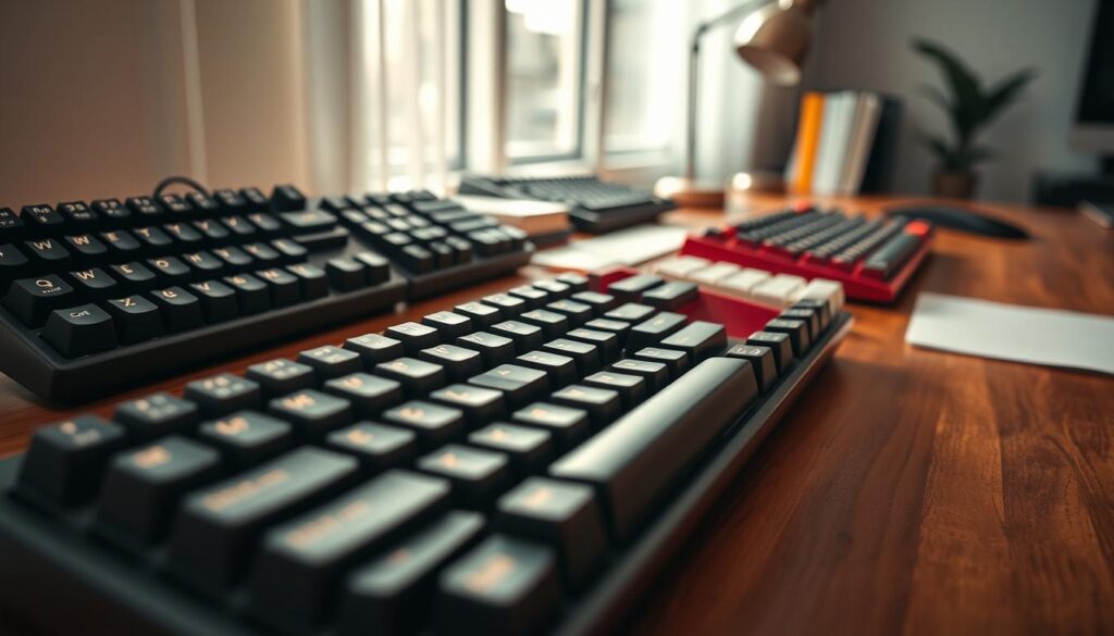 A close-up view of a collection of ergonomic mechanical keyboards designed for frequent typists, showcasing a variety of styles and colors. The keyboards feature customizable key switches, comfortable wrist rests, and sleek designs that emphasize both functionality and aesthetics. The foreground captures a richly textured wooden desktop, and in the background, there are softly blurred notebooks and a stylish desk lamp, creating a workspace atmosphere. Natural daylight filters through a nearby window, casting gentle highlights and shadows, enhancing the inviting and productive environment. The overall mood is one of focus and creativity, perfect for writers and professionals seeking to optimize their typing experience.
