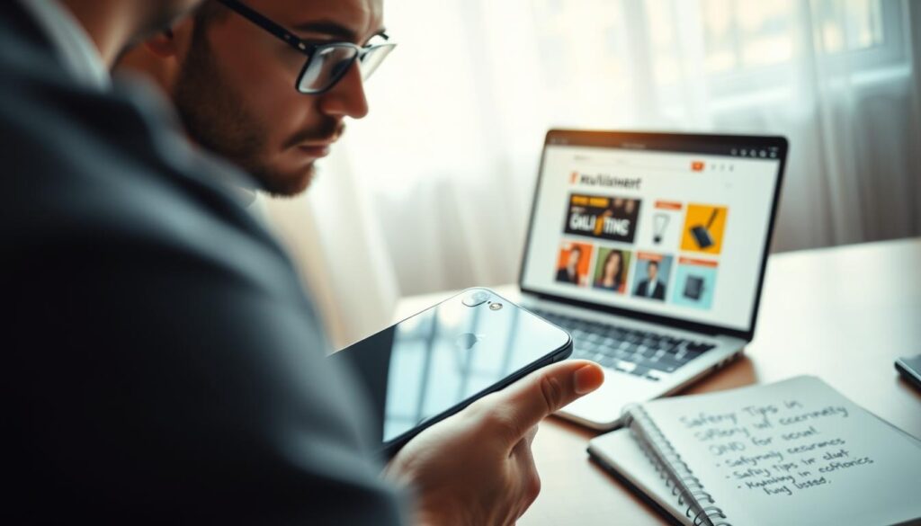A close-up view of a professional-looking person examining a refurbished iPhone, with a focus on its pristine screen and quality assurance stickers. In the foreground, the person wears smart casual attire, reflecting a sense of trust and reliability in the purchasing process. In the middle ground, a well-organized desk displays a laptop showing an online retailer's refurbishment section, and a notebook with handwritten notes on safety tips for buying used electronics. In the background, soft, diffused natural light streams through a window, creating a calm and inviting atmosphere. The overall mood conveys security and confidence in making technology purchases. The composition should suggest an atmosphere of meticulousness and careful consideration, emphasizing safety first in buying refurbished products.