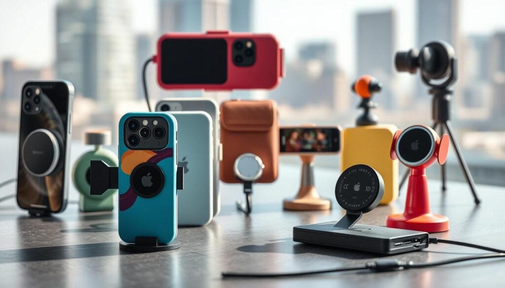 A collection of innovative MagSafe accessories for the iPhone 17, showcasing vibrant colors and unique designs. The foreground features a sleek, modular MagSafe charger, an artistic phone case with an abstract pattern, and a versatile wallet attachment, all positioned elegantly. In the middle ground, display a variety of other creative accessories like a stylish car mount and a decorative stand, each thoughtfully arranged to highlight their features. The background features a subtle, blurred cityscape, giving a modern urban feel. Bright, natural lighting illuminates the scene, enhancing the design details of each accessory. Capture the image from a slightly elevated angle to give depth, evoking a mood of innovation and sophistication, inviting the viewer to explore these must-have gadgets.