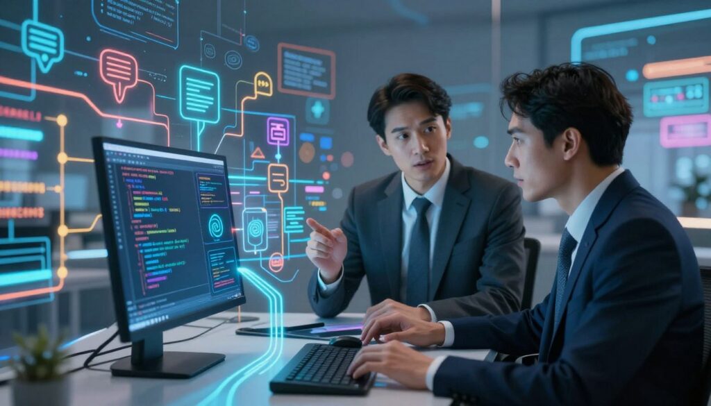 A conceptual illustration of language processing in AI models, showcasing a vibrant network of interconnected nodes and paths symbolizing data flow. In the foreground, include a sleek and modern computer displaying lines of code and visual representations of linguistic structures. In the middle ground, illustrate two distinct human figures in professional business attire, engaged in discussion, examining the computer’s screen with focused expressions. The background should depict a futuristic digital landscape, filled with abstract floating symbols representing different languages and texts. The lighting is bright and dynamic, suggesting innovation and clarity, captured from a slightly elevated angle to emphasize the interaction between AI and human understanding. The overall mood is one of collaboration and technological advancement.