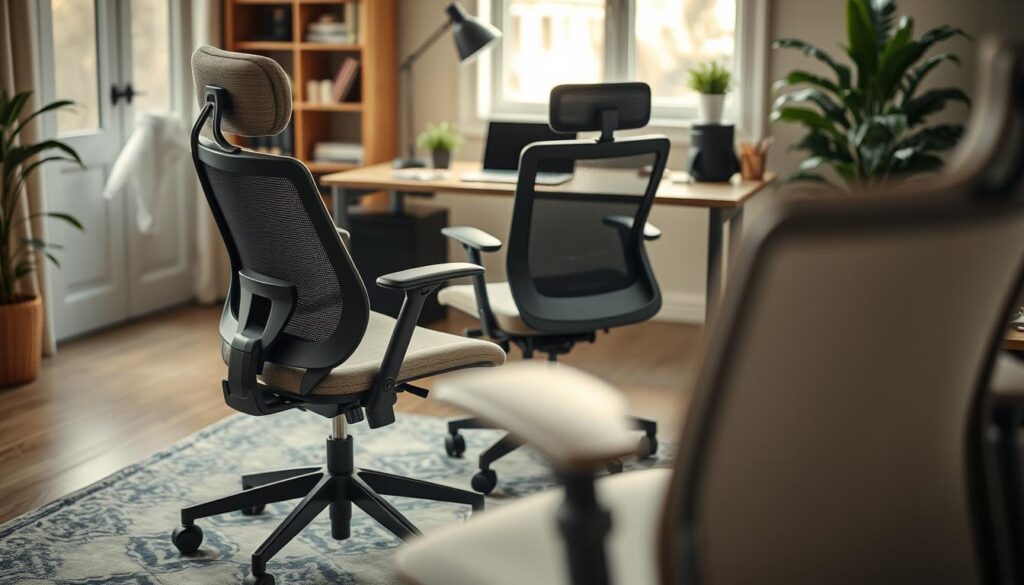 A cozy home office scene featuring an array of comfortable desk chairs designed for ergonomic support. In the foreground, showcase a plush, adjustable chair with lumbar support and soft fabric, next to a sleek, modern chair with breathable mesh. The chairs are positioned on a stylish rug, emphasizing their comfort. In the middle ground, a tidy desk with a laptop, potted plant, and stationery hints at a productive workspace. The background should feature soft natural light streaming in through a window, casting a warm glow over the scene. Use a shallow depth of field to focus on the chairs, creating a serene and inviting atmosphere ideal for maintaining an ergonomic workspace.