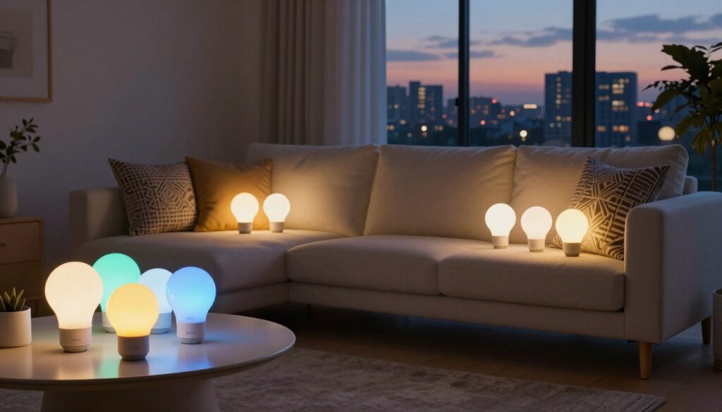A cozy modern living room showcasing a variety of Govee smart bulbs in use. In the foreground, there is a stylish table with a few colorful Govee bulbs, illuminating the space with soft, adjustable lighting. The middle ground features a comfortable sofa adorned with decorative cushions, bathed in a warm glow from the smart bulbs, creating an inviting ambiance. In the background, large windows reveal a softly lit evening skyline, enhancing the smart lighting's impact. The scene is captured with a wide-angle lens, focusing on the bulbs' vibrant colors and their effect on the room's atmosphere. The mood is relaxed and inviting, emphasizing the innovative and aesthetic appeal of Govee smart lighting.
