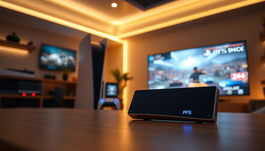 A cutting-edge solid-state drive (SSD) designed specifically for the PlayStation 5, placed prominently in the foreground. The SSD features a sleek, modern design with a metallic finish and LED indicators, highlighting its advanced technology. In the middle ground, a high-tech gaming setup with a PS5 console and a large gaming monitor displaying vibrant game graphics. The background includes a softly lit gaming room with ambient lighting, creating an inviting atmosphere. Use warm, diffused lighting to emphasize the SSD's details and the gaming environment. The camera angle is slightly elevated, providing a dynamic perspective that showcases the SSD's compatibility with the PS5, evoking excitement and innovation in gaming performance.