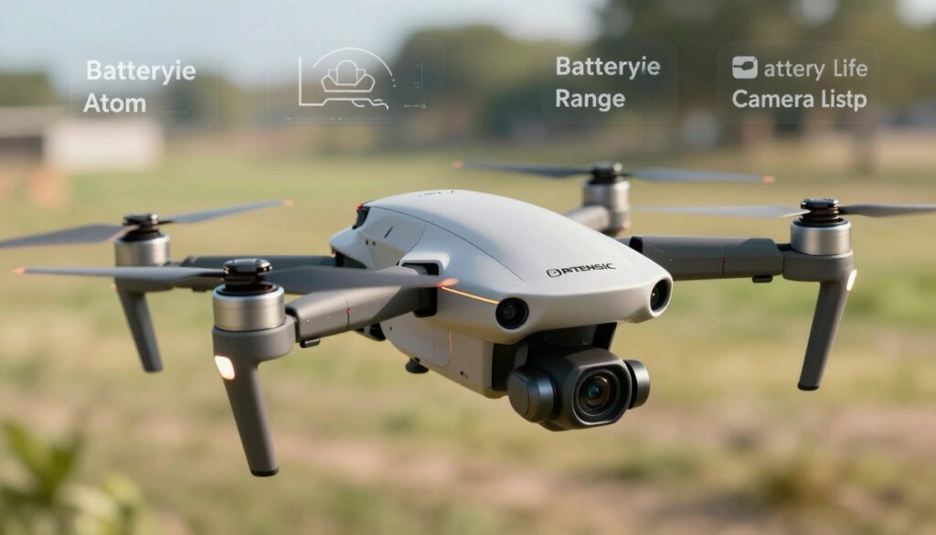 A detailed and vibrant illustration of the Potensic Atom drone, showcasing its sleek design and advanced features. In the foreground, the drone is prominently displayed, with its propellers and camera highlighted in a glossy finish. The middle ground includes technical specifications, such as battery life, range, and camera resolution, artistically integrated into the scene. The background features a dynamic outdoor setting, possibly a sunny landscape or park, enhancing the sense of flight. The lighting is bright and natural, emphasizing the drone's details, while the angle captures a slight aerial perspective, suggesting motion. The overall mood conveys innovation and excitement, perfect for highlighting the Potensic Atom's capabilities in a modern context.