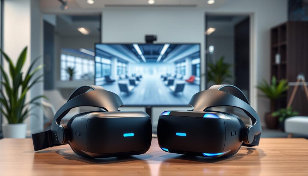 A detailed comparison image showcasing virtual reality headsets in a professional office environment. In the foreground, prominently feature the Meta Quest and Apple Vision headsets positioned side by side on a sleek, modern desk. The middle ground includes a large monitor displaying vibrant, high-resolution graphics that highlight differences in image quality, with examples of virtual office settings. In the background, a faint outline of a well-decorated office space with plants and minimalistic furniture adds context. Use soft, natural lighting that creates an inviting atmosphere, emphasizing the intricate designs of the headsets. Capture the scene from a slightly elevated angle to provide depth, ensuring a clean and polished look that conveys professionalism and innovation.