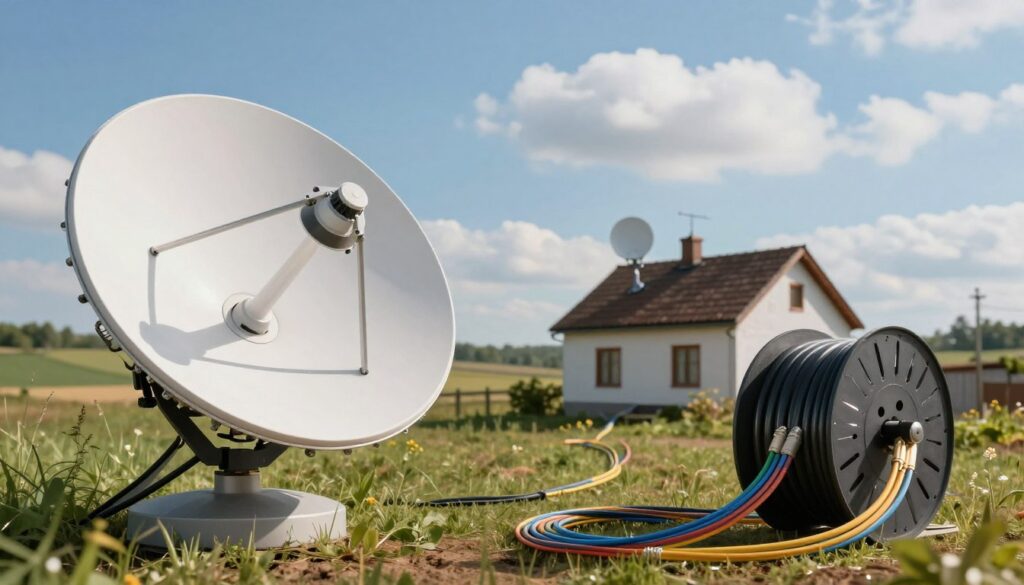 A detailed comparison scene showcasing Starlink and fiber optic internet. In the foreground, a Starlink satellite dish is prominently displayed, with its futuristic design reflecting sunlight. Beside it, a sleek fiber optic cable reel, showing colorful fibers glistening. In the middle ground, a rural landscape featuring a cozy, small house with a satellite dish on the roof and fiber cables leading into it, representing the dual options available. The background includes a blue sky with fluffy clouds, signifying a clear day. The lighting is bright and uplifting, creating a sense of hope and technological advancement. The mood is informative and engaging, emphasizing the contrasting technologies of internet connectivity in a serene countryside setting.