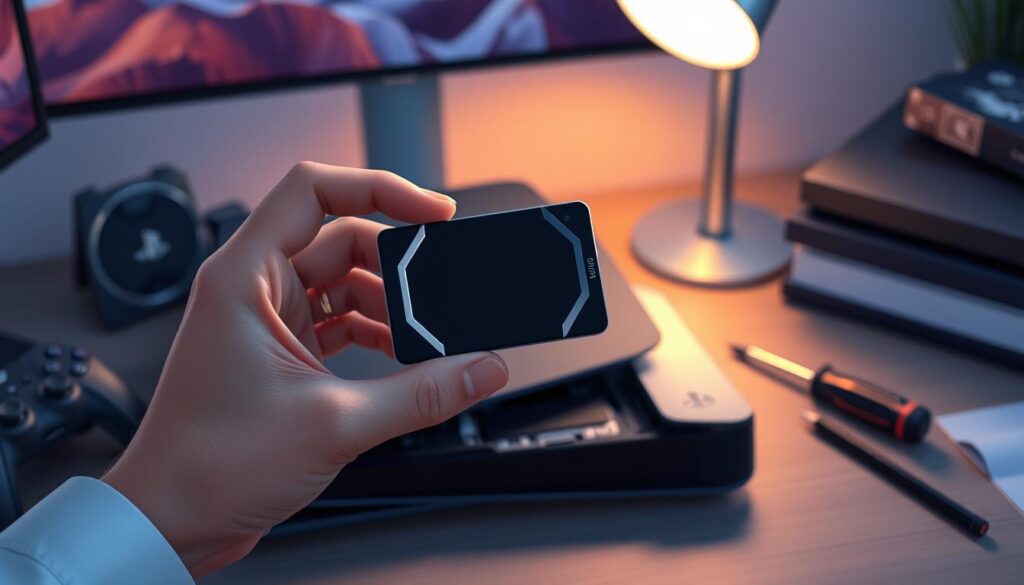 A detailed step-by-step illustration focusing on the installation process of a PS5 SSD. In the foreground, show a pair of hands carefully holding a sleek, modern SSD with metallic accents, emphasizing its compact size. The middle ground features an open PS5 console, showcasing the SSD slot, surrounded by tools like a screwdriver. In the background, soft ambient lighting illuminates the workspace, hinting at a home office setup. The scene conveys a sense of professionalism and focus, with calming colors to reduce any stress associated with tech installation. The angle captures the action in a slightly elevated perspective, inviting viewers to engage with the process visually. Emphasize clarity and precision in the depiction to resonate with potential issues and solutions during SSD installation.