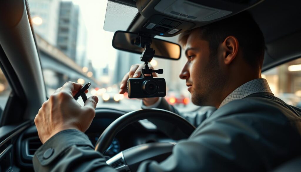 A detailed view of a dashcam installation inside a modern car, focusing on a technician in professional business attire intently mounting the dashcam onto the windshield. The technician holds tools, with a close-up on the dashcam, showcasing its sleek, high-tech design. The car interior is well-lit, emphasizing the dashboard and the steering wheel in the middle ground. In the background, through the windshield, a busy city street is visible, with blurred lights creating a sense of motion. The atmosphere is professional and focused, with a hint of excitement in the air. The lighting is bright and natural, enhancing visibility of both the technician and the vehicle's interior. The angle is slightly elevated to capture both the technician's face and the dashcam installation process.