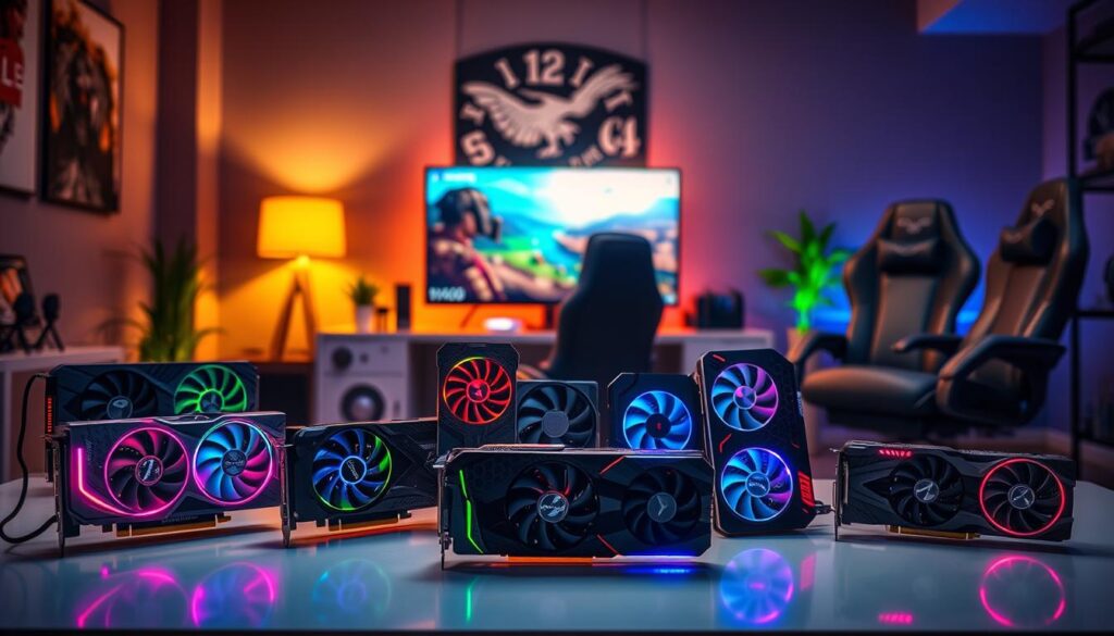 A dynamic and visually striking scene showcasing a selection of affordable gaming graphics cards designed for 1440p resolution. In the foreground, a variety of graphics cards displayed heroically on a sleek, modern table, featuring illuminated RGB lighting that emphasizes their high-tech design. The middle ground includes a subtle hint of a gaming setup, with a stylish monitor displaying a vibrant 1440p game scene, while a couple of budget-friendly gaming peripherals are visible, like a mouse and keyboard. The background is softly blurred, showcasing an inviting gaming room atmosphere with ambient lighting, focused on a sleek gaming chair. The overall mood is energetic yet accessible, highlighting the possibilities of budget-friendly gaming without compromising on quality, captured with warm light tones and an angled shot that creates depth.