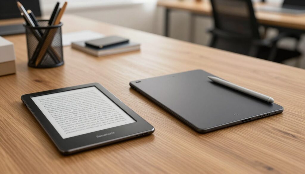 A dynamic image showcasing the comparison between a Kindle Paperwhite and a Remarkable 2 tablet on a sleek, modern workspace. In the foreground, position the Kindle Paperwhite on the left, displaying its sleek design and illuminated screen, while the Remarkable 2 is on the right, highlighting its minimalistic aesthetic and stylus. In the middle ground, include an elegant wooden desk adorned with stationery items for added context. In the background, use a soft-focus office setting with warm, natural lighting to create a welcoming ambiance. Capture this scene with a slightly elevated angle to emphasize both devices equally. The overall mood should be professional and inviting, enhancing the theme of value versus functionality in the e-reader market.