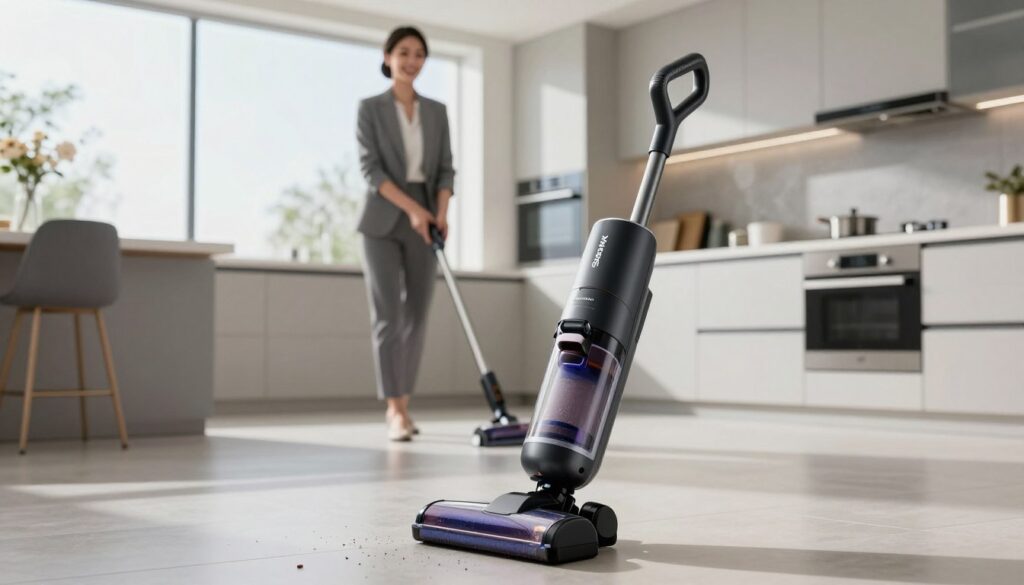 A high-quality image of the Shark Stratos vacuum cleaner displayed on a modern, sleek kitchen floor. In the foreground, the Shark Stratos is showcased prominently, highlighting its innovative design and features, including the brand logo and unique attachment tools. The middle ground features a woman in professional business attire, demonstrating the vacuum's ease of use with a smile, as she cleans up debris with confidence. The background showcases a well-lit, contemporary kitchen environment with bright, natural light coming through large windows, creating a clean and inviting atmosphere. Use a shallow depth of field to emphasize the vacuum, while the kitchen remains softly blurred, enhancing focus on the Shark Stratos. Overall, the image conveys innovation, efficiency, and modern home living.