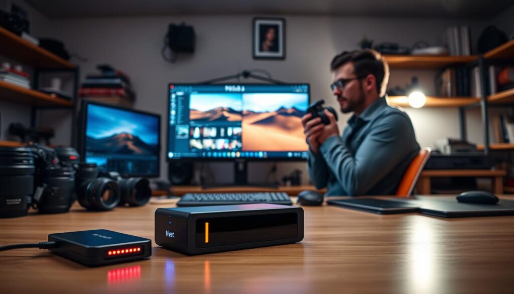 A high-tech photography studio showcasing portable SSD solutions. In the foreground, a sleek external SSD with glowing LED indicators sits stylishly on a well-organized desk, surrounded by camera lenses and photography gear. The middle ground features a large monitor displaying vibrant photo editing software, reflecting a photographer's workflow. In the background, soft, diffused lighting creates a warm, inviting atmosphere, with wall-mounted shelves neatly holding additional storage devices and photography books. A professional photographer, dressed in smart casual attire, can be seen thoughtfully reviewing images on the screen, embodying a focus on efficiency and organization in their photography workflow. The overall mood is one of modern professionalism and creativity.