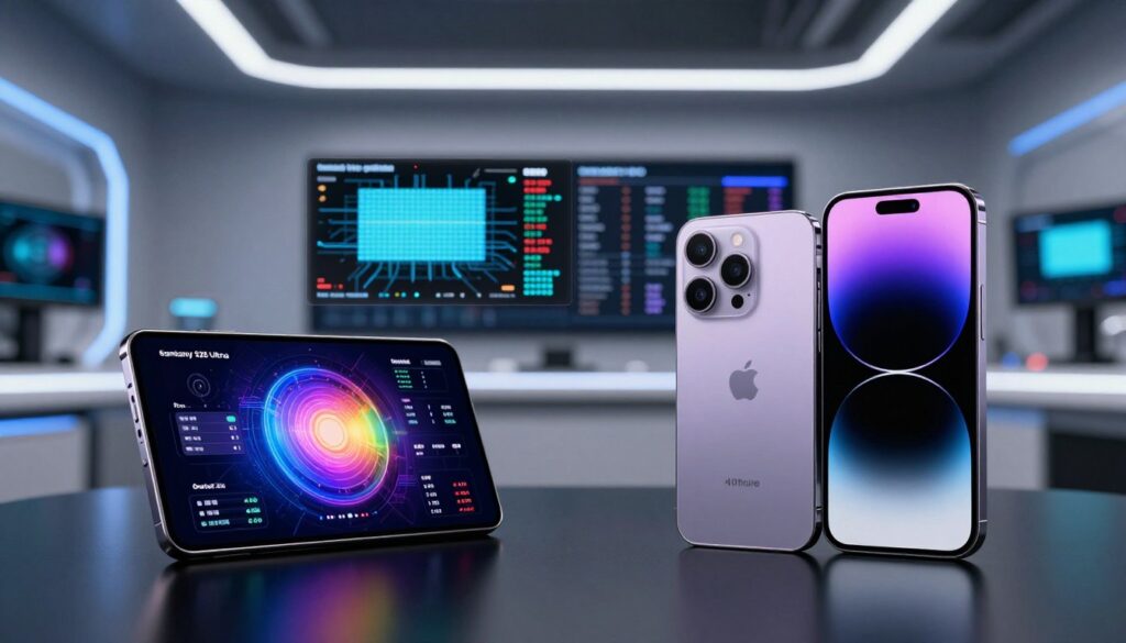 A high-tech scene showcasing a detailed analysis of display technology, featuring a split image of the Samsung Galaxy S26 Ultra and the iPhone 17 Pro Max in a sleek, modern environment. In the foreground, both devices are placed on a glossy black surface, with their vibrant screens illuminated, displaying intricate graphics of display specifications and color accuracy metrics. The middle ground includes detailed visual overlays illustrating pixel density and refresh rates, with floating data points that highlight their advanced features. The background features a futuristic tech lab with ambient blue and white lighting, casting soft reflections on the devices. The mood is professional and sophisticated, evoking a sense of innovation and competition in smartphone display quality.