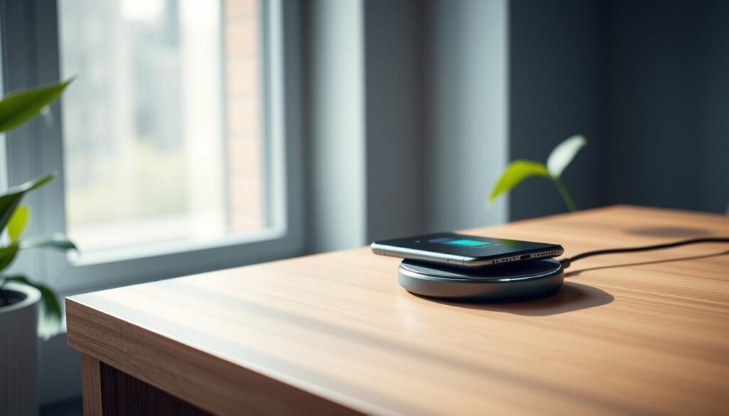 A modern Qi2 wireless charger for smartphones, prominently displayed in the foreground, with an elegant design featuring a sleek, circular surface and a subtle LED indicator. The charger is placed on a clean, minimalist wooden desk. In the background, a smartphone is effortlessly positioned on the charger, showcasing its compatibility with both iPhone and Android devices. Soft, diffused natural light streams in from a large window, casting gentle shadows and creating a serene ambiance. The scene is captured from a slightly elevated angle, emphasizing the charger and phone. A leaf-green plant peeks from the side, adding a touch of nature to the atmosphere. The overall mood is professional and inviting, perfect for highlighting innovative technology.