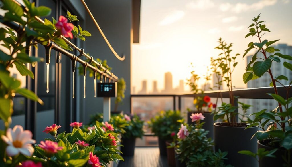 A modern balcony garden featuring a smart watering system in action, showcasing a sleek irrigation setup with dripper hoses winding through thriving potted plants. The foreground shows vibrant flowers and lush greenery, glistening slightly from recent watering. In the middle, an elegant control panel is visible, displaying digital settings and plant hydration levels. The background features a serene urban skyline bathed in soft, golden hour light, creating a warm and inviting atmosphere. The scene is captured from a low angle, emphasizing the beauty of the plants while ensuring the technology is integrated seamlessly. The overall mood is tranquil and efficient, illustrating the blend of nature and smart technology in gardening.