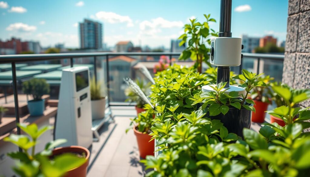 A modern balcony garden featuring an innovative smart watering system, prominently displaying a sleek irrigation setup with dripper hoses and sensors. In the foreground, lush green plants in well-arranged pots showcase healthy foliage, demonstrating the effectiveness of the system. The middle ground includes a beautifully designed automated watering unit, with visible sprinklers and moisture sensors, conveying a sense of advanced technology. In the background, a sunny urban landscape enhances the scene, with blue skies and distant buildings, inviting a feeling of tranquility. The lighting is bright and natural, emphasizing the vibrancy of the plants, captured with a shallow depth of field for a professional, clean look. The overall atmosphere is fresh and modern, reflecting efficiency and sophistication in home gardening.