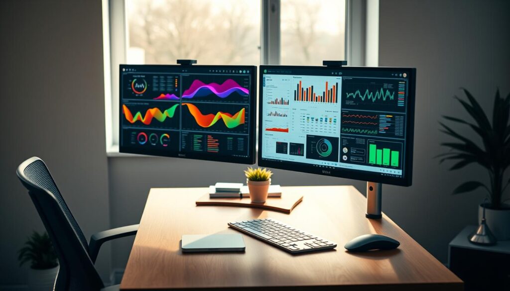 A modern dual monitor setup in a stylish office environment, showcasing the advantages of using two screens for productivity. In the foreground, a sleek wooden desk hosts a pair of high-resolution monitors displaying vibrant, colorful graphs and documents. An ergonomic chair is slightly turned, suggesting a workspace in action. The middle layer features a neatly organized workspace with a small potted plant and a notebook beside a coffee mug. In the background, soft natural light filters through a large window, creating a warm, inviting atmosphere while subtle reflections cast on the monitors. The scene conveys a professional and focused mood ideal for enhancing productivity, emphasizing the benefits of a dual-monitor configuration.