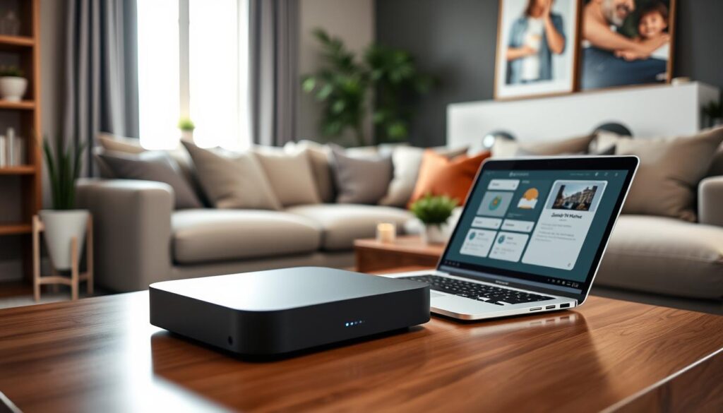 A modern living room featuring an affordable smart home hub, prominently displayed on a sleek, minimalist coffee table. The hub has an elegant design, combining a smooth, dark exterior with subtle LED indicators. In the foreground, an open laptop showcases a user-friendly interface for smart home control, emphasizing accessibility. The middle ground includes a cozy sectional sofa adorned with decorative pillows, and a stylish plant adds a touch of greenery. The background reveals a well-lit window with natural light streaming in, creating a warm and inviting atmosphere. The scene is captured from a slightly elevated angle to highlight the integration of technology in everyday life, with soft, diffused lighting to evoke a sense of comfort and innovation.