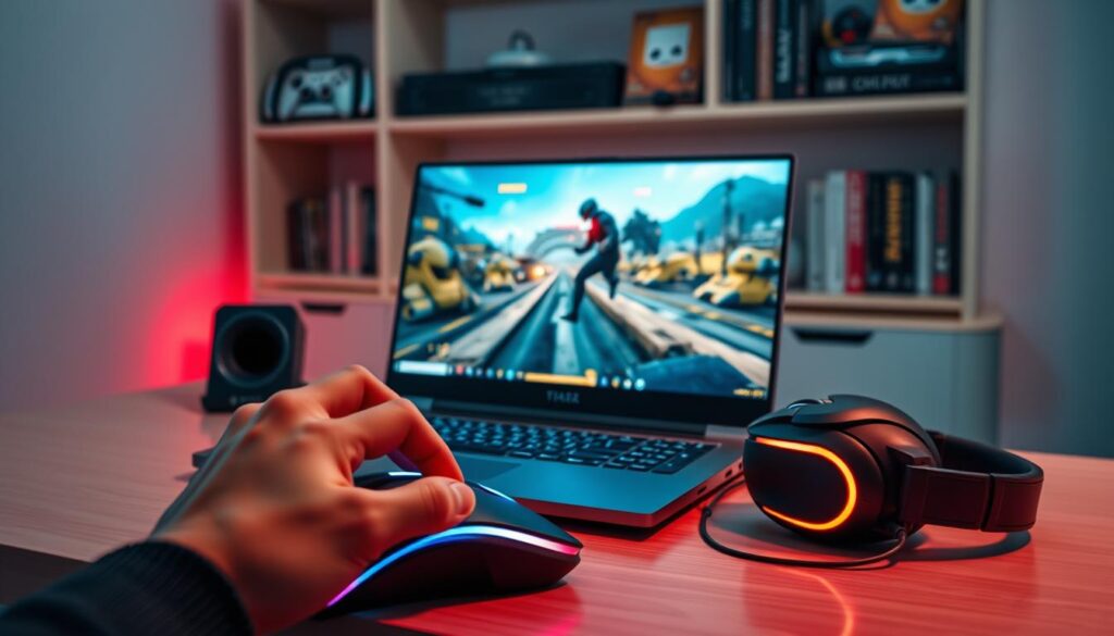 A modern, low-cost gaming laptop sits on a sleek, minimalist desk, illuminated by a soft, ambient light. The laptop's screen displays vivid graphics from a popular game, showcasing impressive gaming performance. In the foreground, a hand holds a gaming mouse, its RGB lighting reflecting on the desk surface. In the middle ground, a high-quality headset rests beside the laptop, hinting at an immersive gaming experience. The background features an organized shelf with gaming memorabilia and technology books, creating a nerdy atmosphere. The scene is captured from a slightly elevated angle, bringing a warm and inviting mood to the image, perfect for illustrating budget gaming laptops and their performance capabilities.