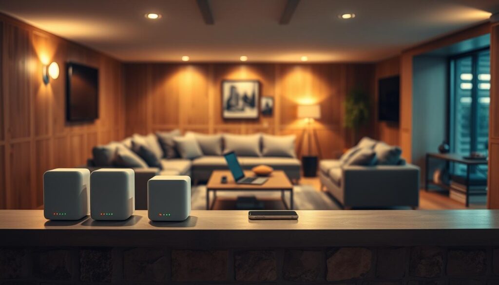 A modern mesh Wi-Fi system elegantly displayed in a cozy basement setting, emphasizing strong and reliable internet connectivity. The foreground features sleek, white mesh pods arranged strategically on a minimalist shelf, connected with subtle, glowing LED indicators. In the middle ground, a comfortable lounge area with a sectional sofa and a coffee table, adorned with tech gadgets like a laptop and smartphone. The background showcases a finished basement with warm wooden paneling and soft, ambient lighting creating a welcoming atmosphere. Capture this scene from a slightly angled perspective, highlighting the connectivity and innovation of mesh technology, while evoking a sense of efficiency and modern living. The overall mood should be inviting and tech-savvy, perfect for showcasing the benefits of a mesh system in enhancing Wi-Fi coverage. A modern mesh Wi-Fi system elegantly displayed in a cozy basement setting, emphasizing strong and reliable internet connectivity. The foreground features sleek, white mesh pods arranged strategically on a minimalist shelf, connected with subtle, glowing LED indicators. In the middle ground, a comfortable lounge area with a sectional sofa and a coffee table, adorned with tech gadgets like a laptop and smartphone. The background showcases a finished basement with warm wooden paneling and soft, ambient lighting creating a welcoming atmosphere. Capture this scene from a slightly angled perspective, highlighting the connectivity and innovation of mesh technology, while evoking a sense of efficiency and modern living. The overall mood should be inviting and tech-savvy, perfect for showcasing the benefits of a mesh system in enhancing Wi-Fi coverage.