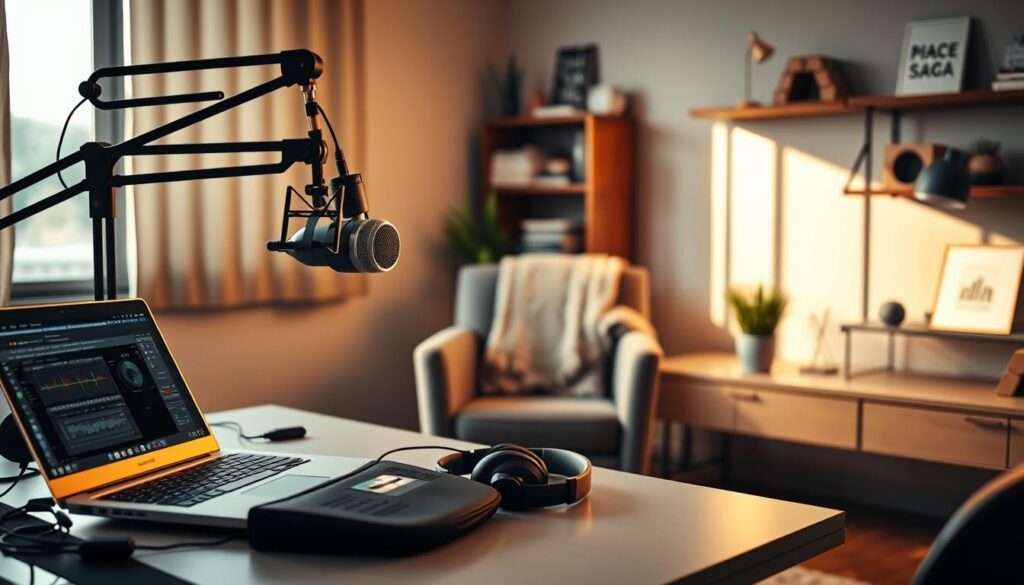 A modern podcast setup in a stylish home studio, featuring a high-quality microphone on an adjustable boom arm, a professional audio mixer, and headphones neatly placed on a sleek desk. In the foreground, a laptop displays audio editing software. The middle contains a cozy chair with a soft throw and a small potted plant for a touch of greenery. The background features shelves with podcast-related books and decorative items, all bathed in warm, natural lighting from a nearby window, creating an inviting atmosphere. The scene is shot from a slightly elevated angle to showcase the equipment and overall workspace effectively, emphasizing a blend of professionalism and creativity.