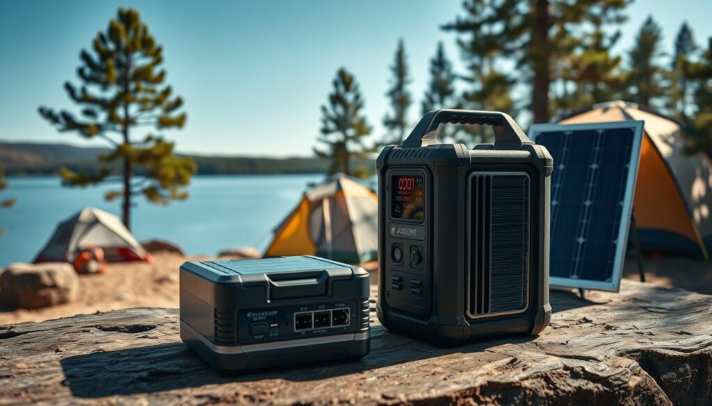 A modern portable solar generator, the Jackery Explorer 1000, prominently displayed in the foreground on a rugged camping table. The unit features sleek design elements, clear LED display, multiple output ports including USB and AC, with solar panels folded neatly alongside. In the middle ground, a picturesque camping scene unfolds with a tent, a serene lake reflecting the blue sky, and pine trees framing the view. Bright sunlight illuminates the scene, casting gentle shadows. The atmosphere is peaceful and inviting, showcasing the concept of eco-friendly energy solutions in outdoor settings. The angle is slightly elevated, providing a comprehensive view of both the generator and its surroundings, emphasizing a harmonious blend of nature and technology.