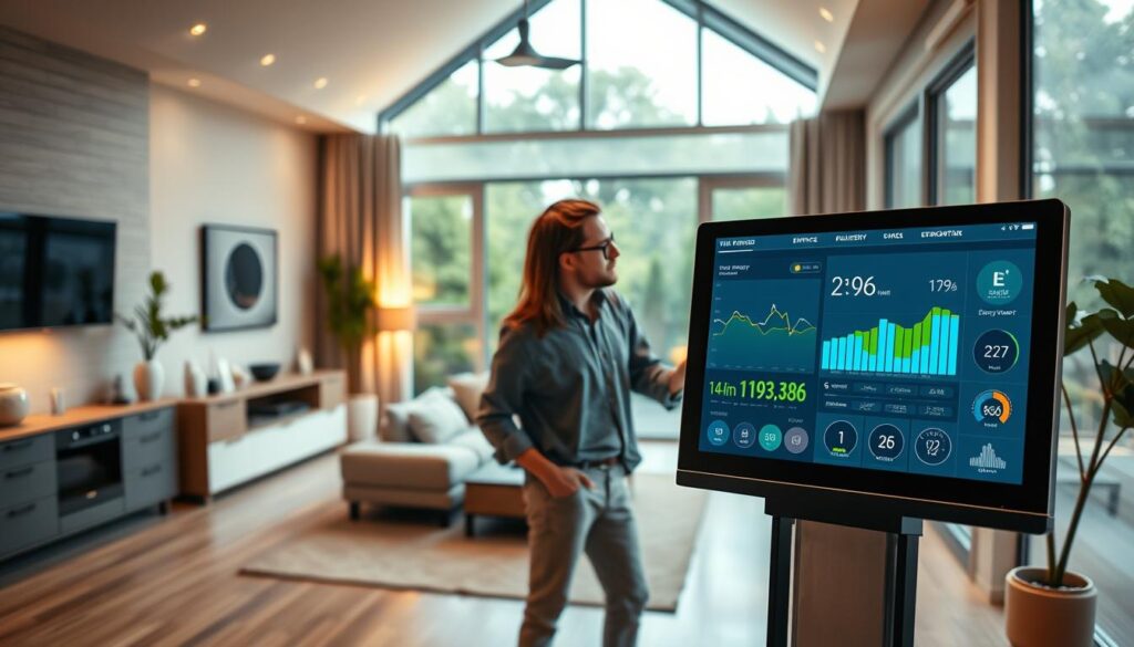 A modern smart home interior showcasing an advanced energy monitoring system. In the foreground, a sleek digital interface displays real-time energy consumption data on an interactive touchscreen. In the middle, a stylish living room with energy-efficient smart appliances, like a smart thermostat and LED lighting, enhances the eco-friendly atmosphere. The background features large windows allowing natural light to flood the space, illustrating a harmonious blend of technology and nature. Soft, warm lighting illuminates the room, creating a welcoming vibe. A professional in modest casual clothing examines the energy data on the screen, focusing on improving efficiency. The overall ambiance should convey innovation, sustainability, and modern living in a smart home setting.
