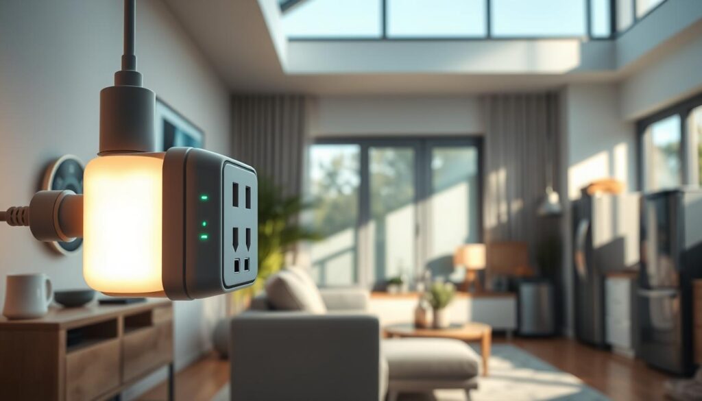 A modern smart home interior showcasing various smart plugs efficiently controlling different appliances. In the foreground, a close-up of a sleek, user-friendly smart plug connected to a high-tech lamp, displaying an LED indicator light showing energy consumption levels. In the middle ground, a contemporary living room setting with a smart thermostat on the wall and various gadgets like a smart coffee maker and a high-efficiency refrigerator, all featuring energy-saving indicators. In the background, large windows allow natural light to pour in, creating a warm and inviting atmosphere. The lighting is bright, emphasizing the modern technology while casting soft shadows. The mood is optimistic, illustrating the concept of energy efficiency and smart living.