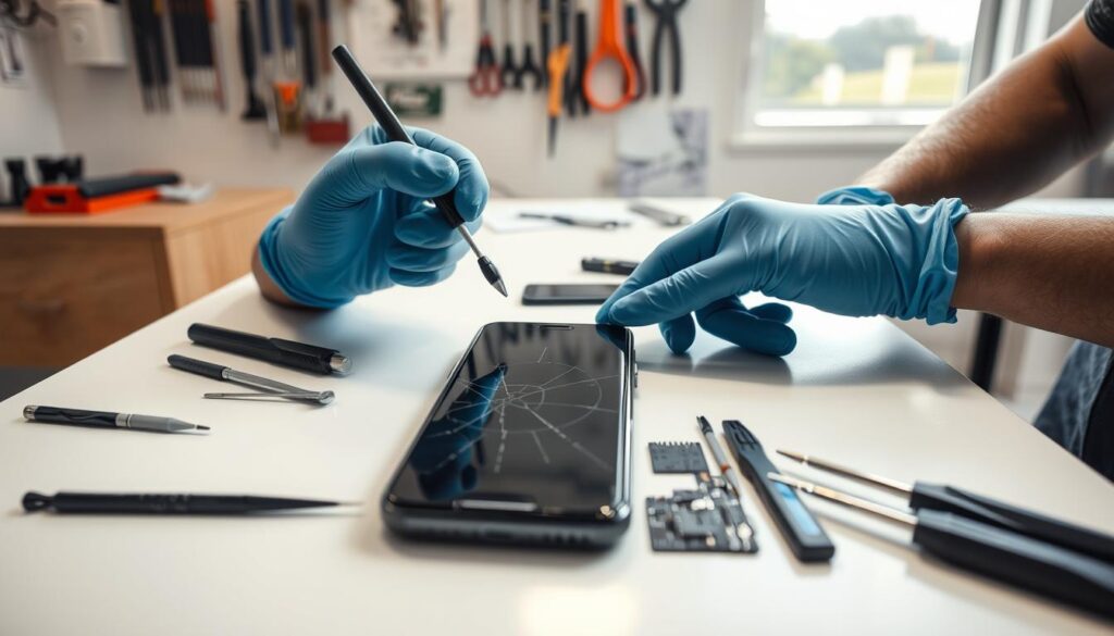 A modern smartphone repair scene depicting a well-organized workstation. In the foreground, a pair of hands wearing blue latex gloves is skillfully disassembling a smartphone, with tools like screwdrivers, plastic pry tools, and tweezers neatly arranged beside it on a clean surface. In the middle ground, a bright workbench illuminated by natural light from a nearby window highlights various smartphone components such as a cracked screen and circuit boards. The background features a clutter-free, minimalist environment with tools hanging on the wall and a couple of technical manuals. The overall mood is focused and serene, inspiring trust and professionalism in smartphone repair services.