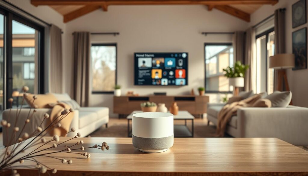 A modern, stylish home interior showcasing a smart home hub setup, featuring a sleek Home Assistant device prominently on a contemporary coffee table. In the foreground, include delicate plants and a cozy throw to add warmth. The middle section captures a well-organized living room with soft ambient lighting, highlighting a flat-screen TV displaying smart home interfaces, smart bulbs, and security cameras integrated into the system. In the background, large windows allow natural light to flood in, creating an inviting atmosphere. The scene conveys a sense of innovation, security, and comfort, appealing to beginners interested in smart home technology. Employ a crisp lens effect, using a slightly elevated angle to capture all elements harmoniously, evoking a feeling of modern living.