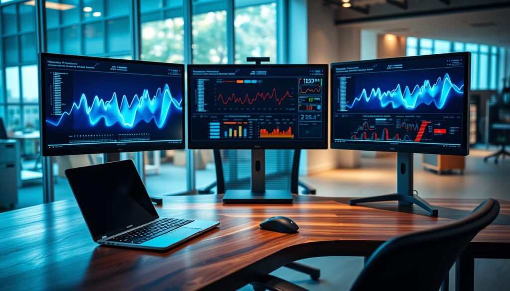 A modern triple monitor setup arranged in an ergonomic configuration, featuring three large, sleek monitors displaying vibrant data visualizations. In the foreground, a polished wooden desk holds a laptop, a stylish mechanical keyboard, and a professional mouse. The middle section showcases the monitors angled towards a comfortable office chair, reflecting a focus on productivity. The background reveals a softly lit office environment with large windows allowing natural light to filter in, casting gentle shadows. The mood is one of efficiency and innovation, with a color palette of cool blues and grays complemented by warm wooden tones. The scene is viewed from a slightly elevated angle, emphasizing the monitor arrangement without any people present, ensuring a clean, distraction-free image.