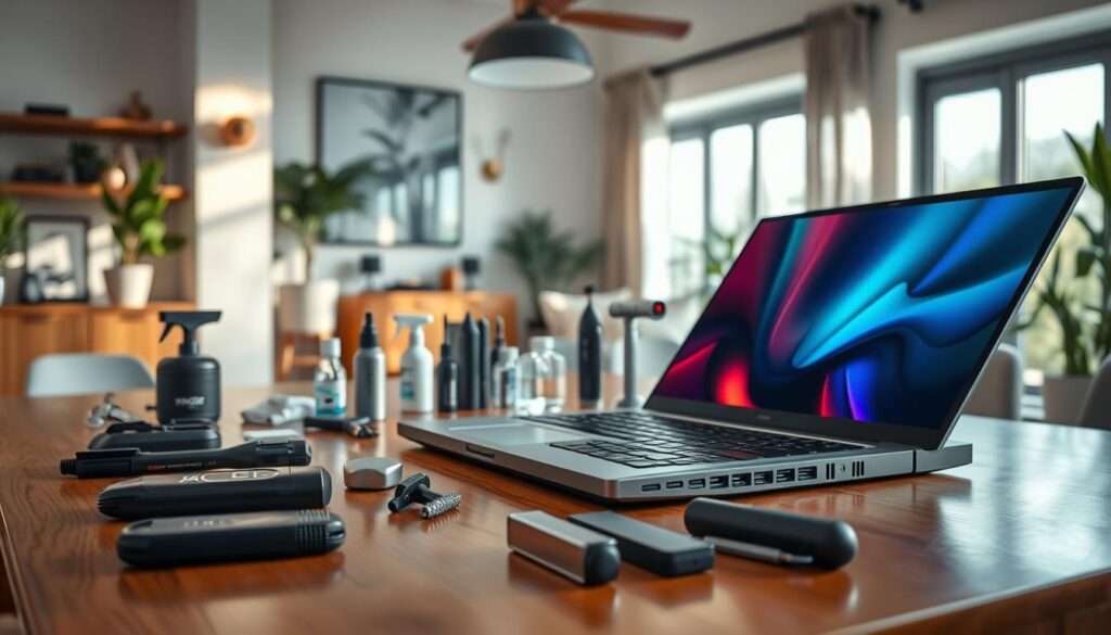 A modern workspace featuring a sleek, high-tech NPU laptop on a polished wooden desk. In the foreground, a professional individual in business attire meticulously cleaning and maintaining the laptop, showcasing its unique features like illuminated ports and a vibrant display. In the middle, various advanced tools and cleaning devices neatly organized, highlighting the importance of proper care for AI-powered home devices. The background includes a well-lit room with stylish decor, plants, and a large window letting in natural light, creating a warm and inviting atmosphere. The lighting is bright yet soft, casting gentle shadows that enhance the depth of the scene. The overall mood conveys innovation, tidiness, and precision in caring for cutting-edge technology. A modern workspace featuring a sleek, high-tech NPU laptop on a polished wooden desk. In the foreground, a professional individual in business attire meticulously cleaning and maintaining the laptop, showcasing its unique features like illuminated ports and a vibrant display. In the middle, various advanced tools and cleaning devices neatly organized, highlighting the importance of proper care for AI-powered home devices. The background includes a well-lit room with stylish decor, plants, and a large window letting in natural light, creating a warm and inviting atmosphere. The lighting is bright yet soft, casting gentle shadows that enhance the depth of the scene. The overall mood conveys innovation, tidiness, and precision in caring for cutting-edge technology.