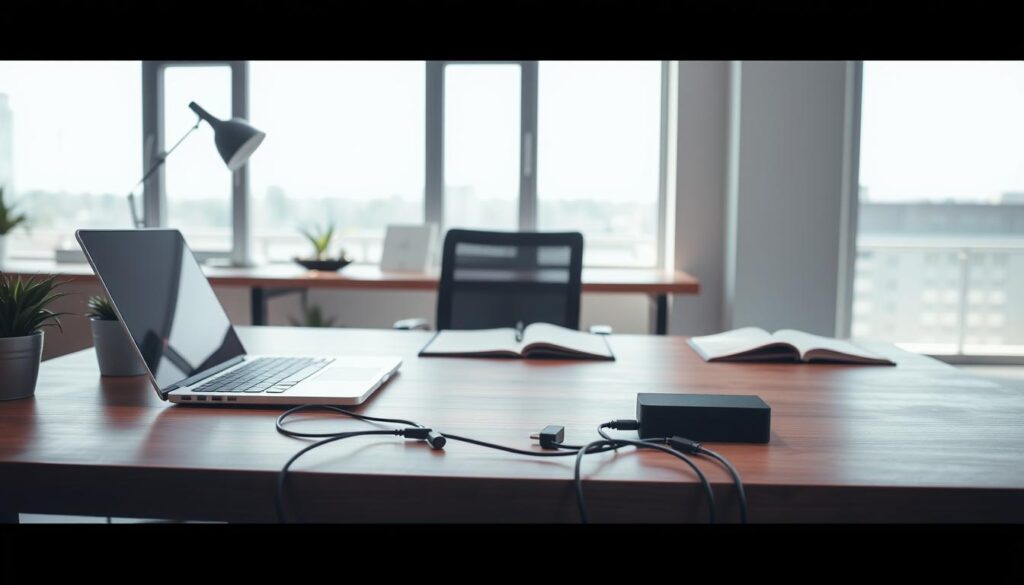A neatly organized desk in a modern office setting, showcasing effective desk organization for optimal PC cable management. In the foreground, a sleek wooden desk is equipped with a stylish laptop, neatly arranged cables tucked away using elegant cable clips and a cable management box. To the side, a small potted plant adds a touch of greenery. In the middle ground, an ergonomic chair complements the workspace, while an open planner and a few pens are neatly arranged. The background features soft natural light streaming through a large window, illuminating the space and enhancing the serene atmosphere. Capture this from a slightly elevated angle to emphasize the neatness and orderliness of the desk, creating an inspiring and productive mood.