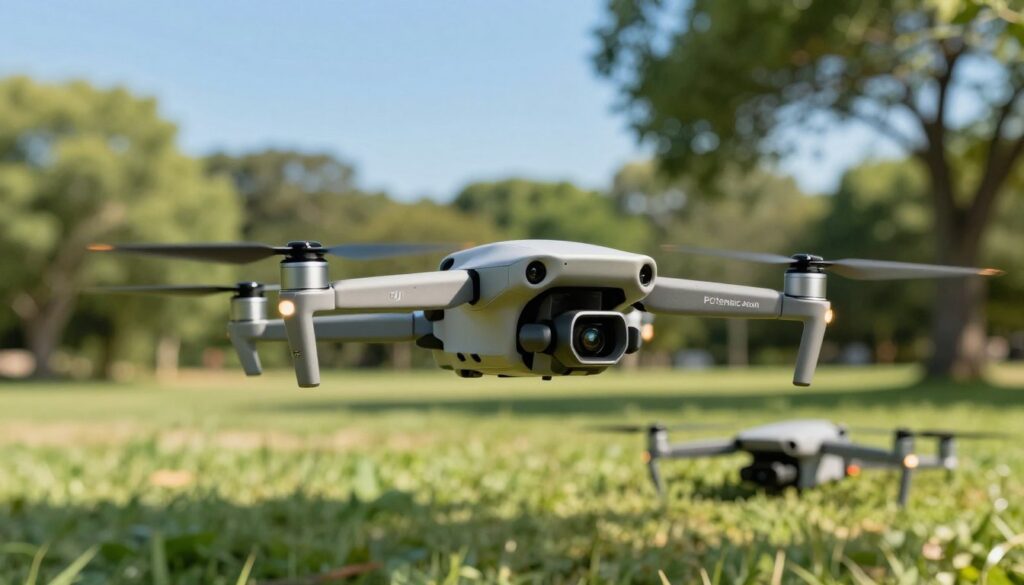 A sleek DJI Mini 4 Pro drone hovering gracefully in a sunny outdoor setting, positioned prominently in the foreground to emphasize its compact design and vibrant colors. In the middle ground, include a blurred view of a Potensic Atom drone, showcasing a direct comparison between the two models. The background features a scenic park with lush green trees and a clear blue sky, enhancing the feeling of freedom associated with drone flying. Soft sunlight casts delicate shadows, creating an inviting atmosphere. The image captures the essence of user-friendliness, highlighting the accessibility of flying drones for all, with visual clarity and depth that suggests a professional photography style. Make sure there are no text overlays or watermarks.
