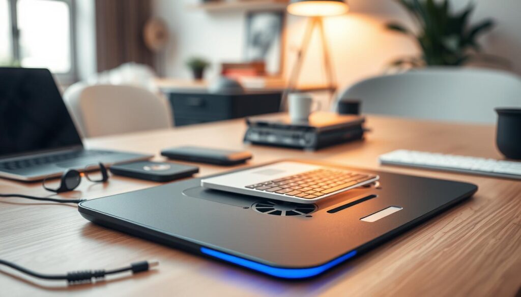 A sleek and modern cooling pad for laptops, prominently featured in the foreground, showcasing its ergonomic design with fans and vents visible. Surrounding the cooling pad, stylish electronics like a high-end laptop and accessories, emphasizing a tech-savvy workspace. In the background, a softly blurred office environment with warm lighting, creating a cozy yet professional atmosphere. The scene captures the essence of optimal laptop cooling, focusing on the cooling pad's functionality and aesthetic appeal. Use soft, natural lighting to enhance the sleek materials and textures, while maintaining a clean and organized layout. The angle should be slightly above eye level to provide a clear view of the cooling pad in action, invoking a sense of innovation and efficiency.