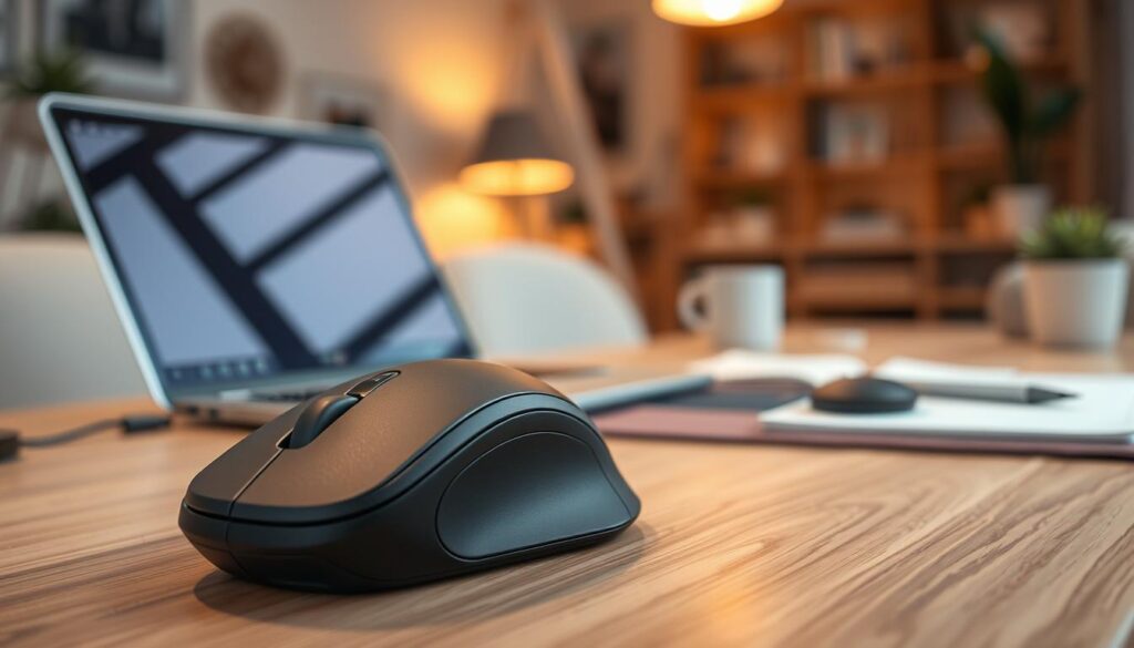 A sleek and modern ergonomic vertical mouse designed for comfort, shown prominently in the foreground. The mouse features a contoured design with a non-slip grip, showcasing its unique angled shape that promotes natural hand posture. In the middle ground, a well-organized workspace is visible, with a desk setup that includes a laptop, a soft mouse pad, and subtle hints of productivity tools like a notebook and a pen. The background softly blurs into a cozy, well-lit office environment with warm lighting that enhances a professional atmosphere. Capture the scene from a slightly elevated angle, emphasizing the mouse's design details and functionality. The overall mood is focused and inviting, reflecting the benefits of using ergonomic devices to alleviate wrist pain.