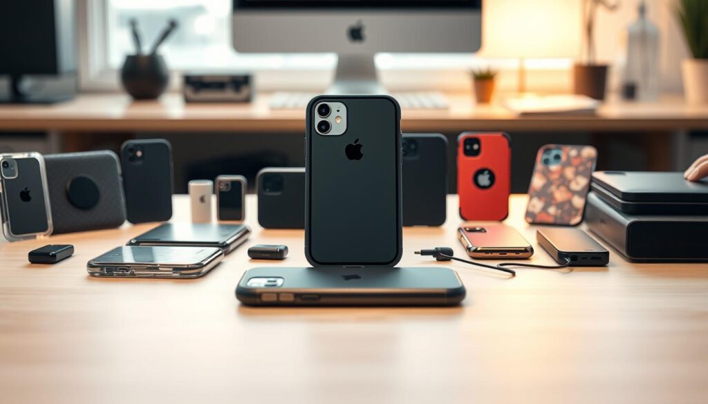 A sleek display of the iPhone 17 alongside an array of MagSafe accessories designed for optimal protection. In the foreground, showcase a variety of stylish MagSafe cases, highlighting their unique textures and colors such as translucent, matte black, and vibrant designs. In the middle ground, feature the iPhone 17 prominently with the cases around it, emphasizing their snug fit and seamless integration. The background should be softly blurred to focus on the products, but suggest a modern workspace with subtle elements like a desk and soft, natural lighting illuminating the scene. Use a shallow depth of field to create a polished look, evoking a mood of sophistication and innovation. The overall atmosphere should feel contemporary, inviting the viewer to imagine these accessories as essential items for their tech lifestyle.