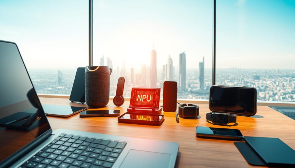 A sleek, futuristic workspace featuring cutting-edge smart devices powered by artificial intelligence. In the foreground, a high-end laptop with a glowing NPU chip visible, surrounded by a stylish keyboard and a wireless AI-enabled speaker. The middle ground showcases a variety of modern gadgets like a smart tablet, an AI-driven smartphone, and a set of innovative wearables on a wooden desk. The background includes a large window with a view of a futuristic cityscape under a bright, clear sky, creating a sense of advanced technology and innovation. The lighting is bright and dynamic, highlighting the devices' sleek designs and emphasizing the idea of a high-tech future. The mood is inspiring and optimistic, showcasing the exciting possibilities of AI in everyday life. A sleek, futuristic workspace featuring cutting-edge smart devices powered by artificial intelligence. In the foreground, a high-end laptop with a glowing NPU chip visible, surrounded by a stylish keyboard and a wireless AI-enabled speaker. The middle ground showcases a variety of modern gadgets like a smart tablet, an AI-driven smartphone, and a set of innovative wearables on a wooden desk. The background includes a large window with a view of a futuristic cityscape under a bright, clear sky, creating a sense of advanced technology and innovation. The lighting is bright and dynamic, highlighting the devices' sleek designs and emphasizing the idea of a high-tech future. The mood is inspiring and optimistic, showcasing the exciting possibilities of AI in everyday life.