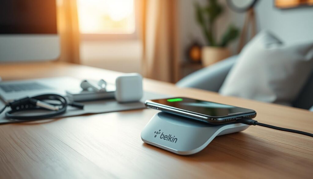 A sleek, modern Belkin Boost Up Wireless Charger prominently displayed in the foreground, featuring its elegant design with a smooth surface and subtle branding. A stylish iPhone is positioned on the charger, showcasing a glowing battery icon to indicate fast charging. In the middle ground, there are minimalistic accessories like Apple AirPods and a neatly coiled charging cable, enhancing the tech-savvy ambiance. The background is softly blurred, highlighting a cozy workspace with warm, natural lighting streaming in from a nearby window, creating a welcoming and productive atmosphere. The composition captures a sense of innovation and efficiency, perfect for tech enthusiasts. The scene is photographed from a slight angle to emphasize the charger and device without any text or distractions.