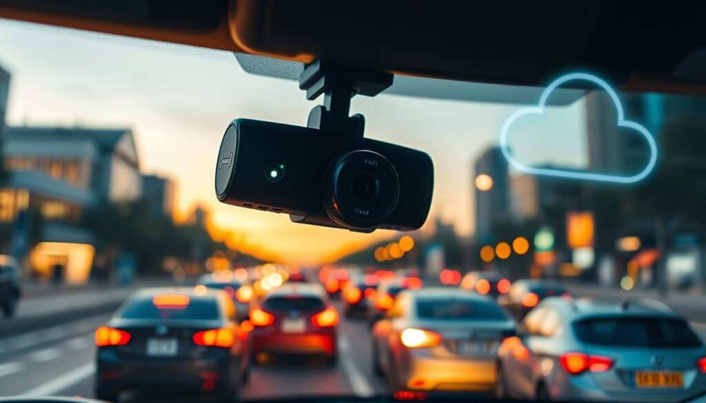 A sleek, modern dashcam with a high-definition lens, prominently featured in the foreground, is mounted on a vehicle's windshield. It boasts a subtle LED indicator light, displaying connectivity to a cloud storage service, hinting at advanced technology. The middle ground shows a vibrant city street with cars passing by, illuminated by warm evening light, suggesting an active environment. In the background, digital data streams or cloud icons subtly emerge, representing cloud-based functionality, blended into the urban scenery. The atmosphere is both professional and innovative, evoking a sense of security and modernity in road safety. The entire image is bathed in a warm, inviting glow, capturing the essence of technological advancement in vehicle surveillance.