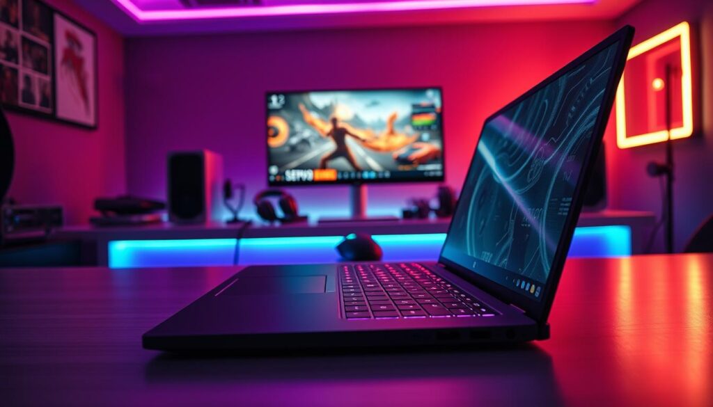 A sleek, modern gaming laptop prominently displayed in the foreground against a vibrant gaming setup. The laptop has an illuminated keyboard with customizable RGB lighting and a high-resolution screen showing a popular game in action. In the middle, a stylish, clutter-free desk features accessories like a gaming mouse, headphones, and a monitor, highlighting a tech-savvy atmosphere. The background showcases a dimly lit room with colorful LED lights, enhancing the gaming mood. Soft, dynamic lighting casts subtle reflections on the laptop's surface, emphasizing its sleek design. The angle is slightly above the desk, creating a perspective that draws viewers into the gaming world. The overall atmosphere is energetic and inviting, perfect for showcasing budget-friendly gaming technology.
