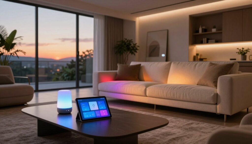 A sleek modern living room featuring an array of smart lighting technology. In the foreground, a stylish coffee table with a smart speaker and a tablet displaying smart home controls. The middle section shows an elegant couch lit by ambient Philips Hue and Govee lights, casting a warm and inviting glow in various colors. In the background, large windows reveal a sunset, enhancing the atmosphere with natural light. The room is furnished with contemporary decor and plants, emphasizing comfort and sophistication. Lighting should exhibit a soft diffusion, creating a cozy and futuristic vibe, with a wide-angle perspective to capture the harmonious integration of smart lighting in a modern home. The mood is relaxing and innovative, demonstrating the seamless fusion of technology and home aesthetics.