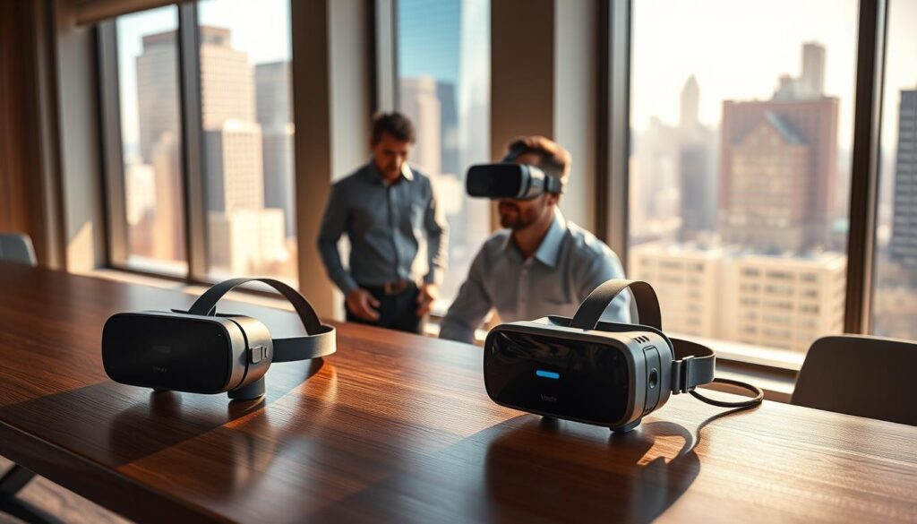 A sleek, modern office environment showcasing the latest VR headsets, specifically the Meta Quest and Apple Vision, placed prominently on a polished wooden desk. In the foreground, the VR headsets are elegantly displayed, highlighting their unique designs and features such as buttons and head straps. The middle ground features a professional business person in modest casual clothing, wearing one of the headsets, deeply engaged in a virtual meeting, emphasizing a productive work atmosphere. The background displays a vibrant cityscape visible through large office windows, illuminated by natural sunlight, creating an inviting and innovative mood. Soft shadows and highlights add depth to the scene, suggesting a blend of technology and work efficiency in a contemporary setting.
