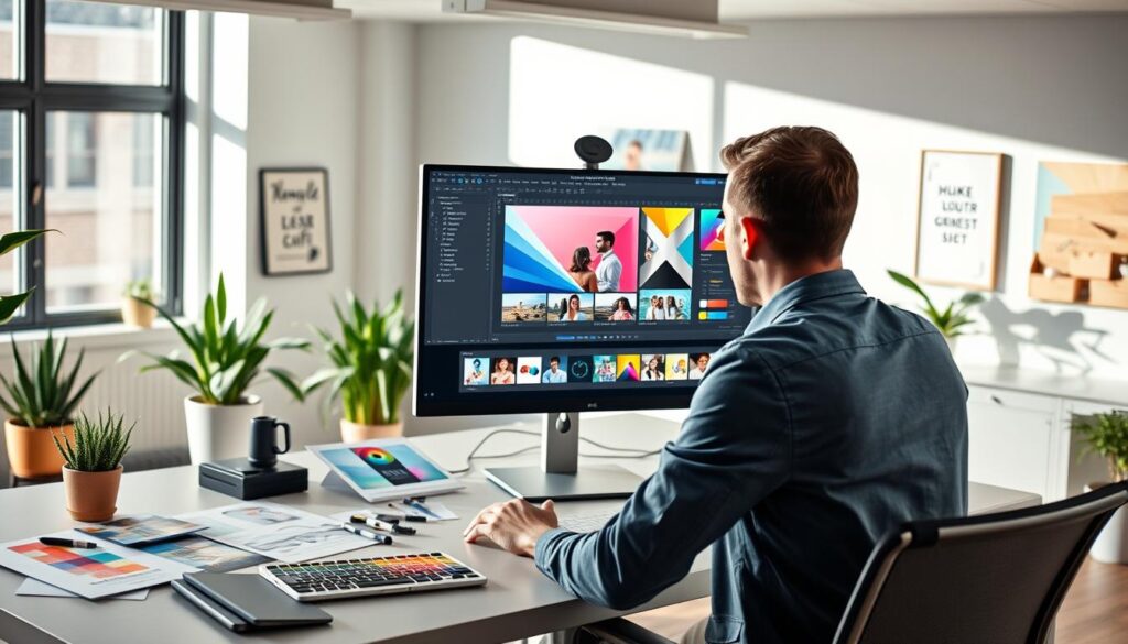 A sleek, modern workspace featuring a computer screen displaying advanced graphic design software tailored for social media content creation. In the foreground, a person in smart casual attire is focused on the screen, adjusting graphic elements like images and text for a vibrant social media post. The middle ground shows multiple design templates scattered around, alongside graphics tools and a color palette, highlighting the creativity involved. The background features bright, well-lit office decor with plants and motivational posters, creating an inspiring atmosphere. Natural light streams in through a window, casting soft shadows and enhancing the lively colors of the design elements on the screen, evoking a sense of innovation and productivity.
