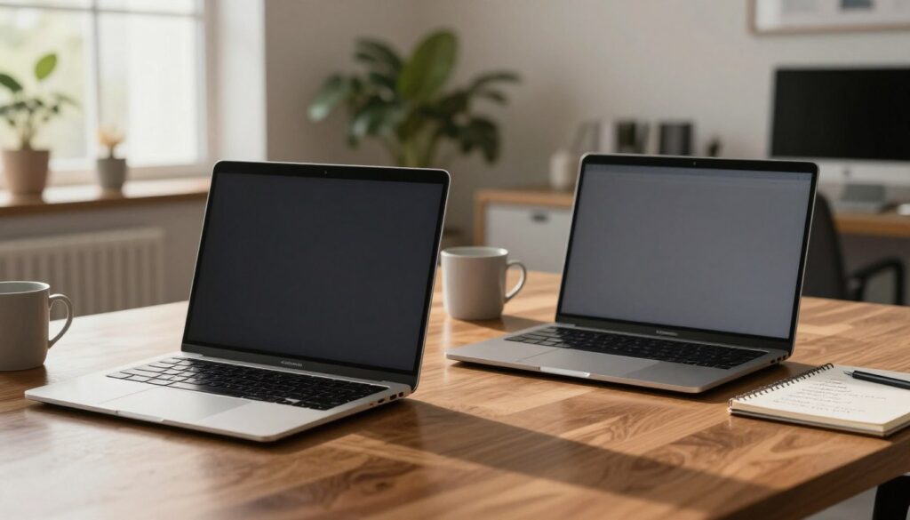 A sleek, modern workspace featuring two MacBook Air laptops side by side: one representing the M3 version in a subtle silver finish, and the other showcasing the M4 model in a chic space gray. The foreground consists of the laptops elegantly positioned on a polished wooden desk, with soft reflections highlighting their sleek designs. In the middle ground, a soft-focus coffee mug and a notepad with notes about user experiences add a personal touch. In the background, a well-lit office space with plants and minimalist decor creates a professional yet inviting atmosphere. The lighting is warm and natural, coming from a nearby window, casting gentle shadows that enhance the mood of contemplation and analysis. The perspective is slightly angled, focusing on both laptops equally, inviting viewers to consider the comparison.